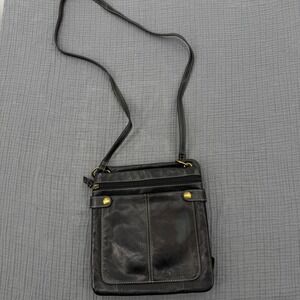 Fossil Traveler Crossbody Bag Black Leather Organizer Travel Purse Brass Hardwar